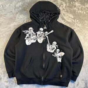 Vintage Hybrid Zip Up Hoodie Mens Medium Black Skeleton Guitar Grunge Punk